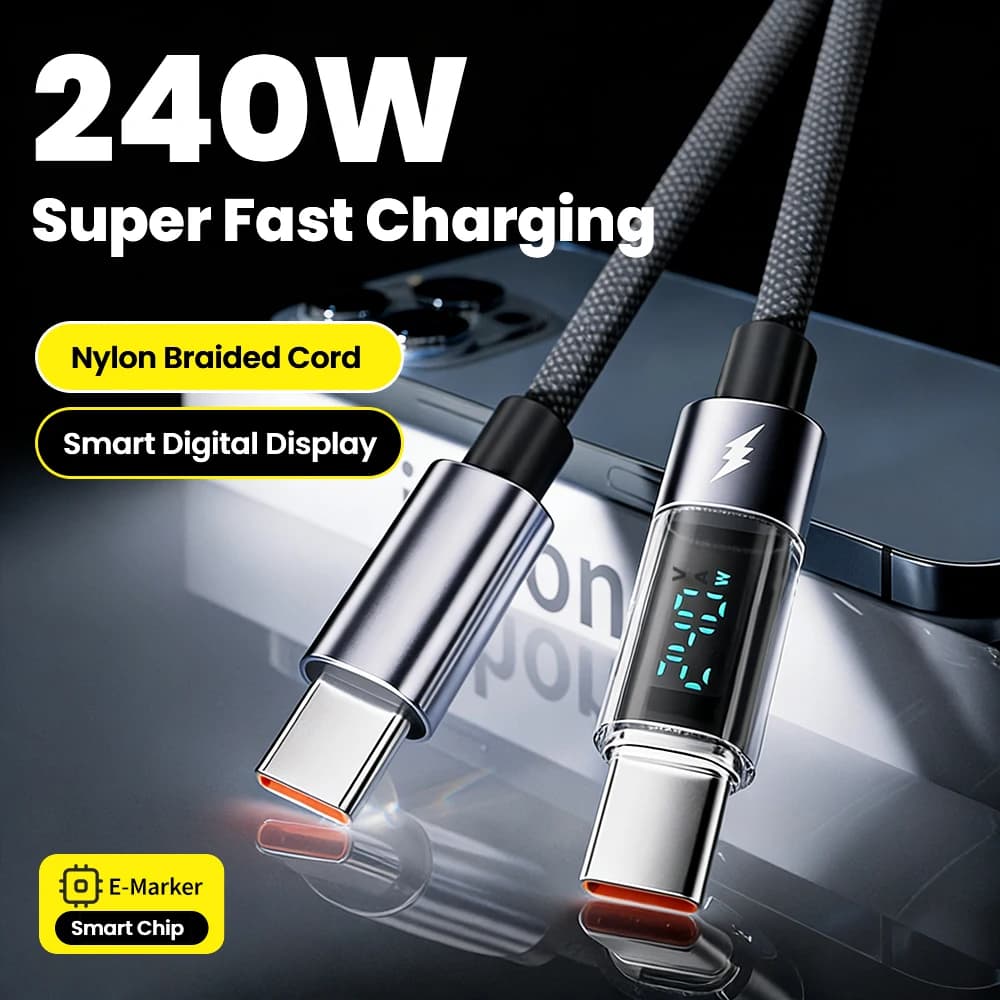 Cavo da tipo C a tipo C con display digitale da 240 W 3 per iPhone 17 15 16 Huawei 48V 5A Cavo da USB C a USB C per computer tablet