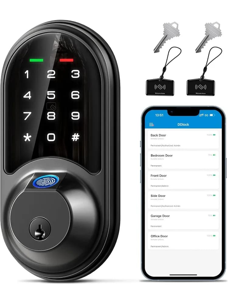 RZ07 Smart Lock, serratura con impronta digitale, ingresso senza chiave 7 in 1 con controllo app, catenaccio con tastiera touchscreen elettronica, Bio
