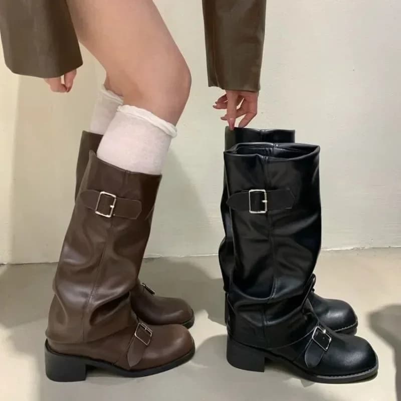 Stivali da donna Piattaforma alta al ginocchio Tacchi grossi Tendenza Punk Gotico New Rock Pelle Moda Scarpe da donna Calzature da moto