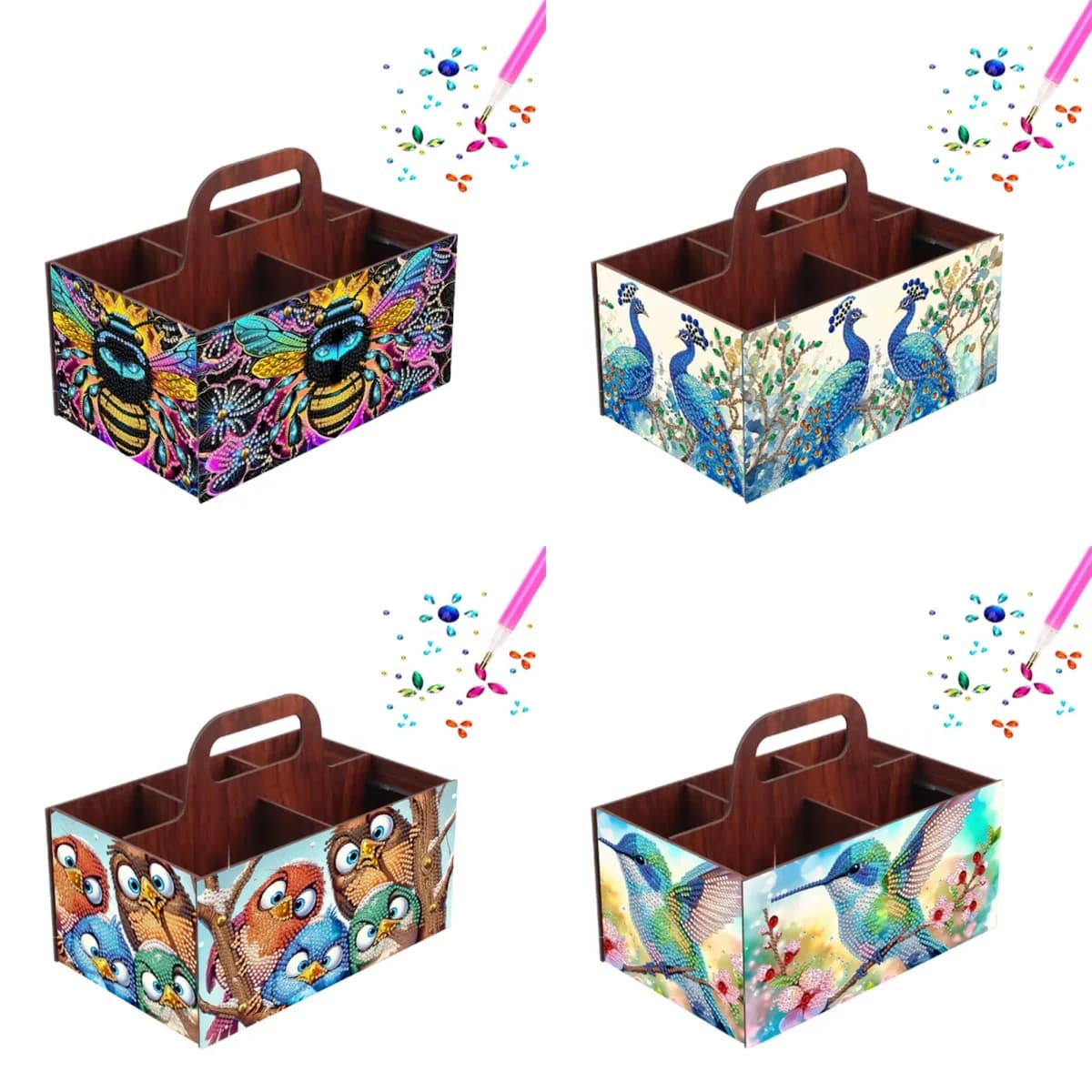 1 piece set, wooden handheld box painted with fai-da-te diamonds, artistic desktop decoration with special creative animal shaped rhinestones