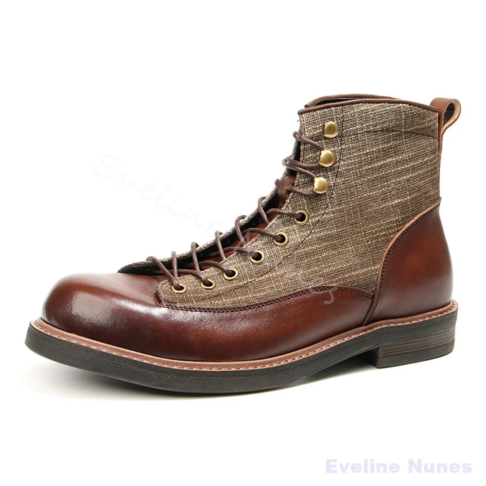 Brown Leather Linen Canvas Ankle Boots Men Round Toe Lace Up Anti Slip Rubber High Top Boots Casual Outdoor Hiking Work Boots