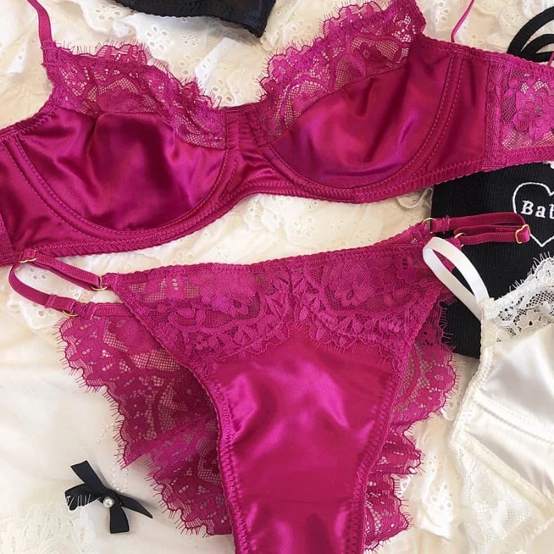 Set di biancheria intima sexy rosa da 2 pezzi per donna Set di reggiseno di pizzo ultrasottile francese Reggiseni e mutandine traspiranti femminili Lingerie intima