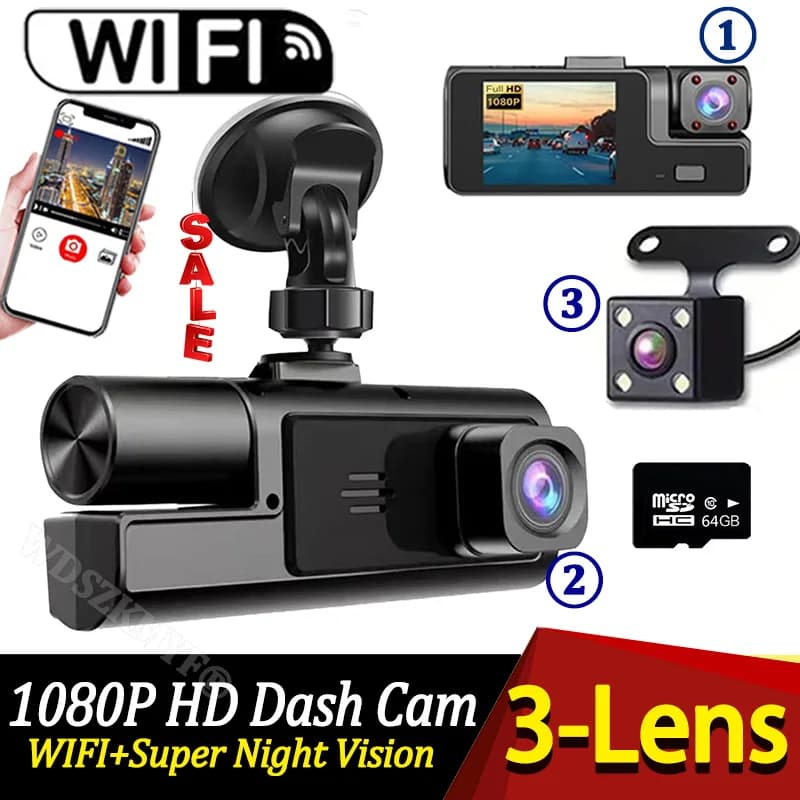 Dash Cam with 3 channels for car 1080P Video camera for car WIFI 2 LENS NO DVR Reverse Camera For Car Box Black Car Accessories