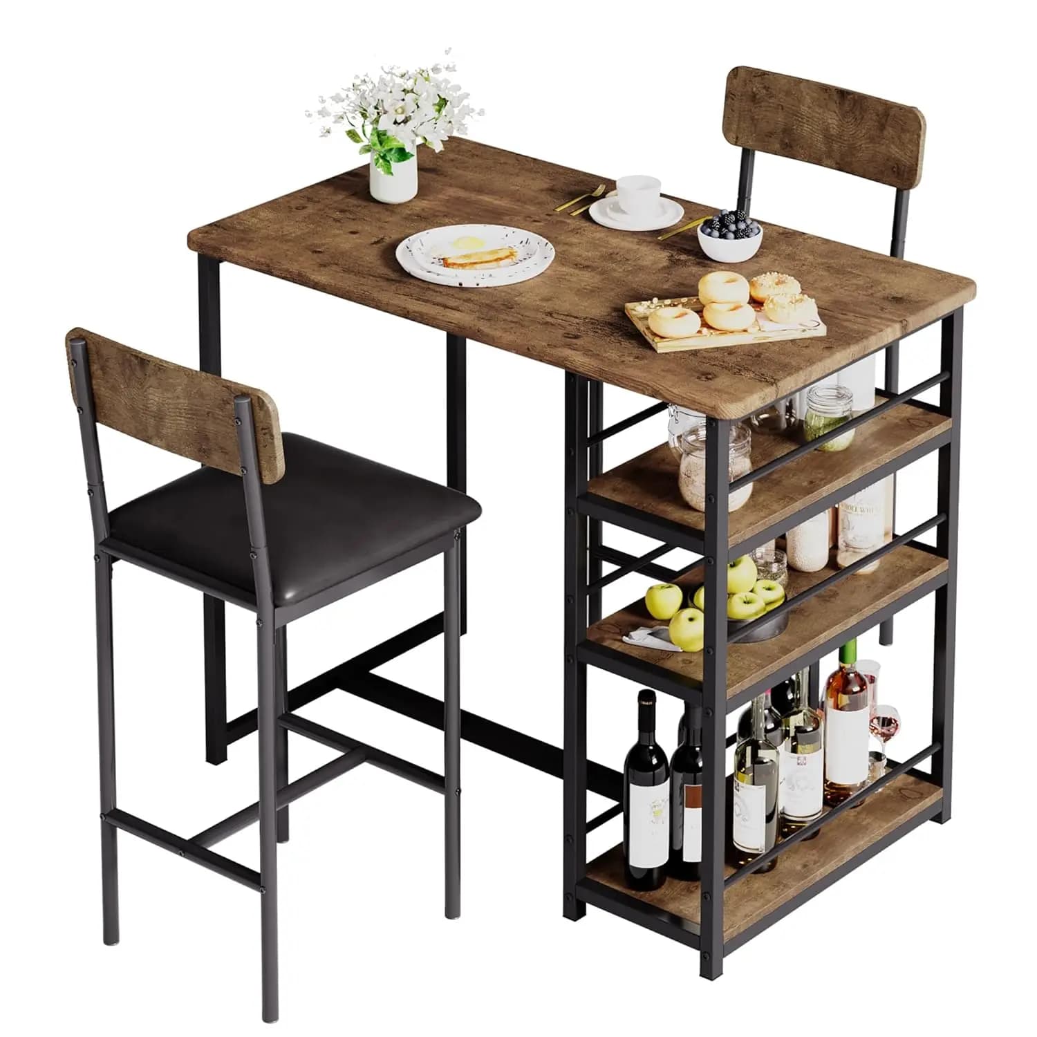 Set Bar Table for 2 persons with 3 shelves Storage chairs Steel Structure for Small Spaces Apartments, Customizable