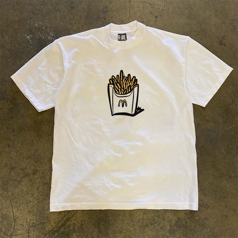 Heavyweight Non-Light French Fries Patterned Loose Fit Short Sleeve T-Shirt Couple's Casual Versatile Summer New Style