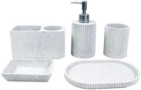 Set da Bagno Hymmah in Marmo 5 Pezzi - Portaspazzolino, Dispenser Sapone, Portasapone e Bicchiere (Granito Grigio)