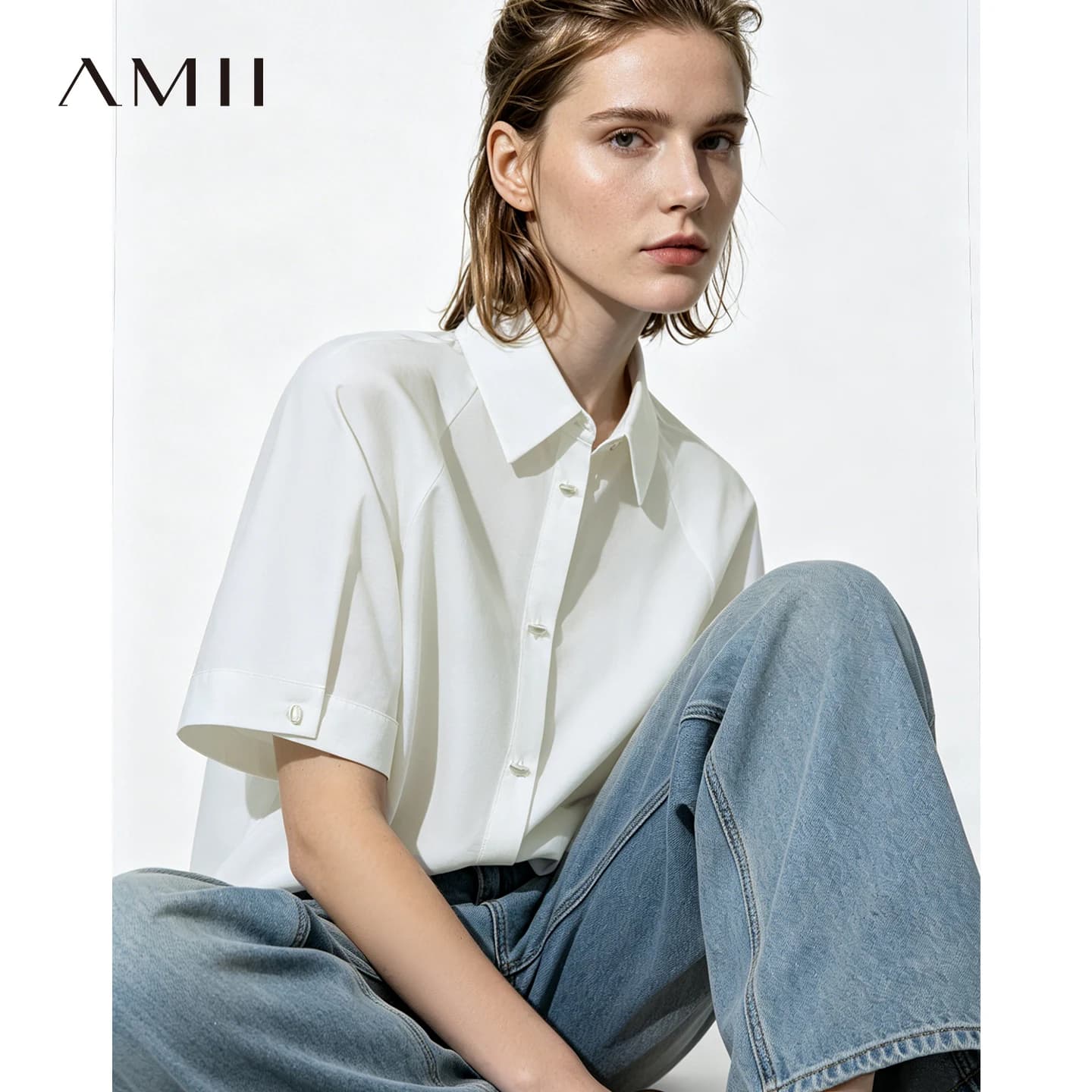 Camicia da donna Amii bianca 2026 estiva con colletto a risvolto, bottoni in metallo, maniche a dolman, blusa semplice e casual per donna 12642086