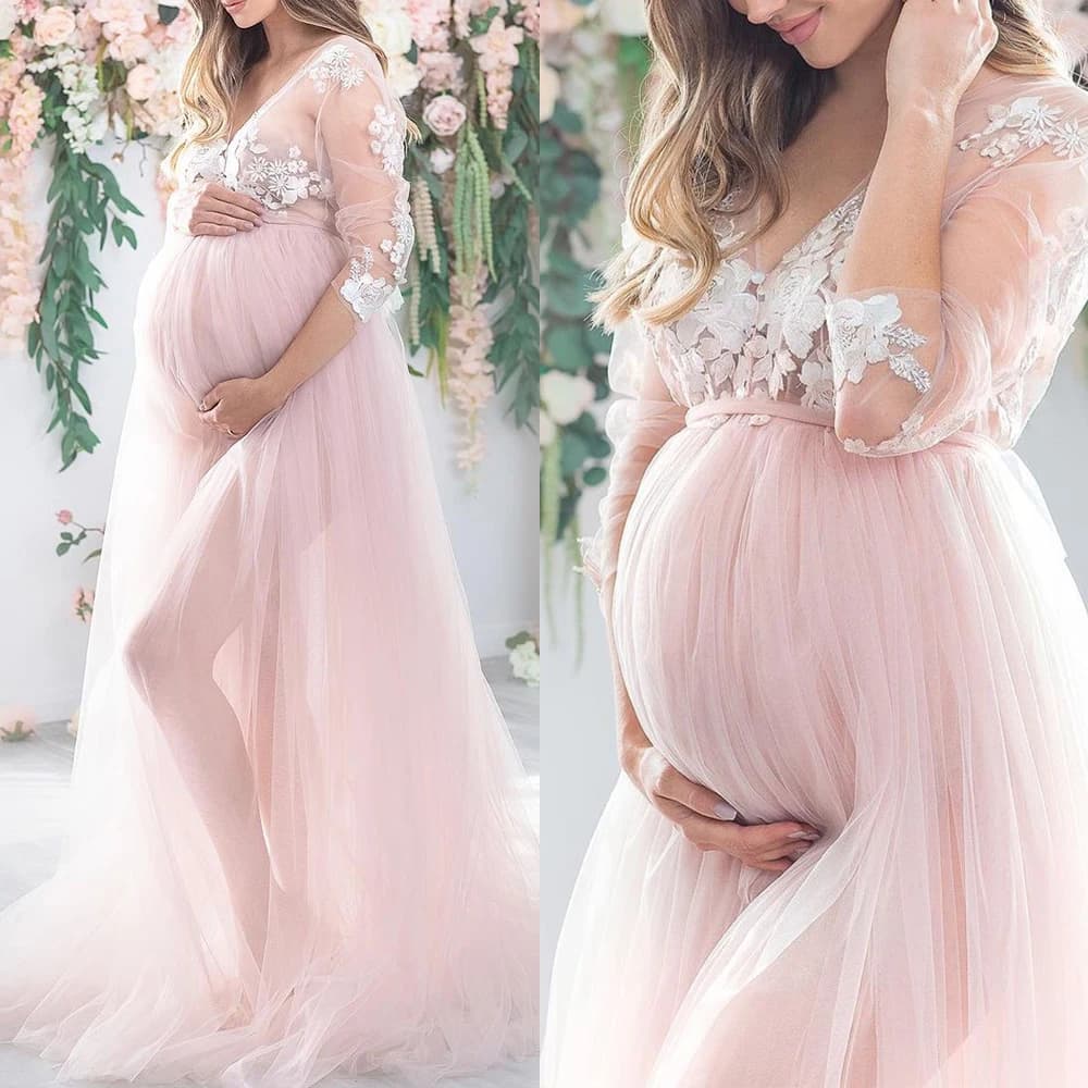 Maternity Prom Dresses for Photoshoot Lace Applique Women Gowns Wedding Bridal Robe Boudoir Sleepwear Bathrobe Pregnant Dress
