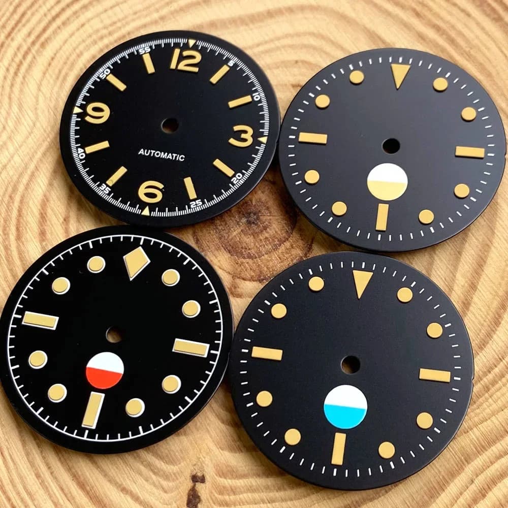 Orologio MOD vintage nero quadrante quadrante sterile 29mm per NH35 NH36 NH38 PT5000 movimento verde luminoso set di lancette per orologio da uomo subacqueo
