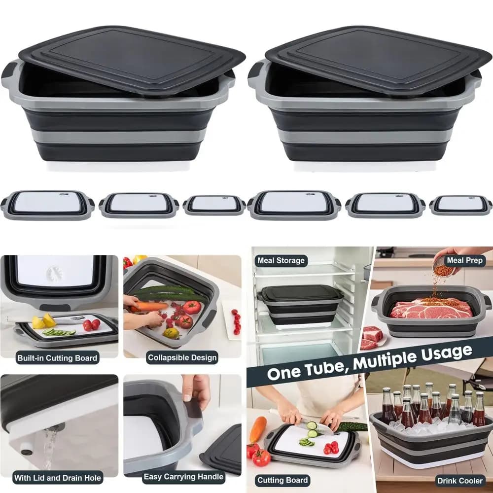 Set of foldable tubs for barbecue preparation: 3 sizes with lids and cutter to store food, marinade and outdoor use