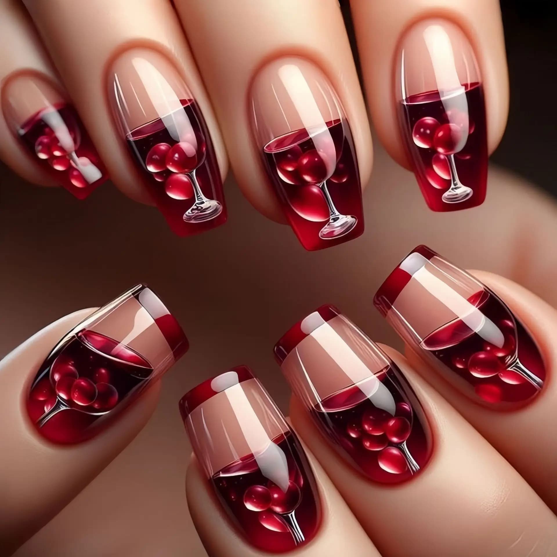 Unghie finte medio lunghe per donne e ragazze, bicchiere di vino rosso sfumato, frutta colorata, copertura completa, punte per unghie da balletto, premere sulle unghie finte