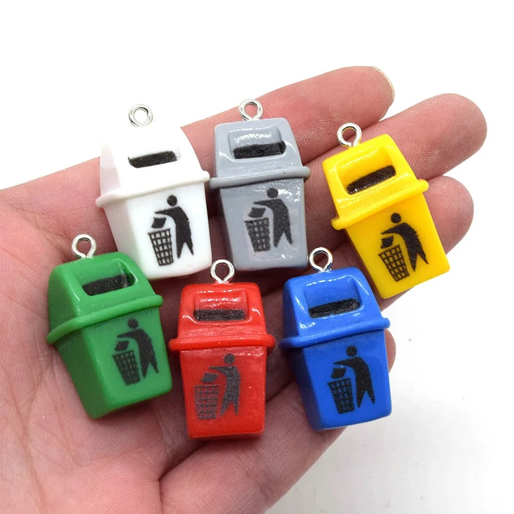 10pcs Cute Mini Trash Can Resin Pendants Waste Bin Charms DIY Jewelry Making Necklace Earring Bracelet Keychain Craft Supplies