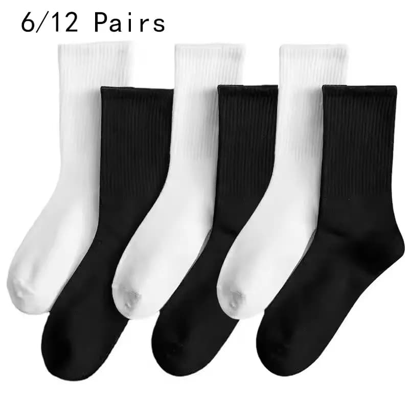 1/6/12 Paia di Calzini da Uomo a Tubo Medio, Tinta Unita Nero Bianco, Stile Streetwear Harajuku, Traspiranti, Casual