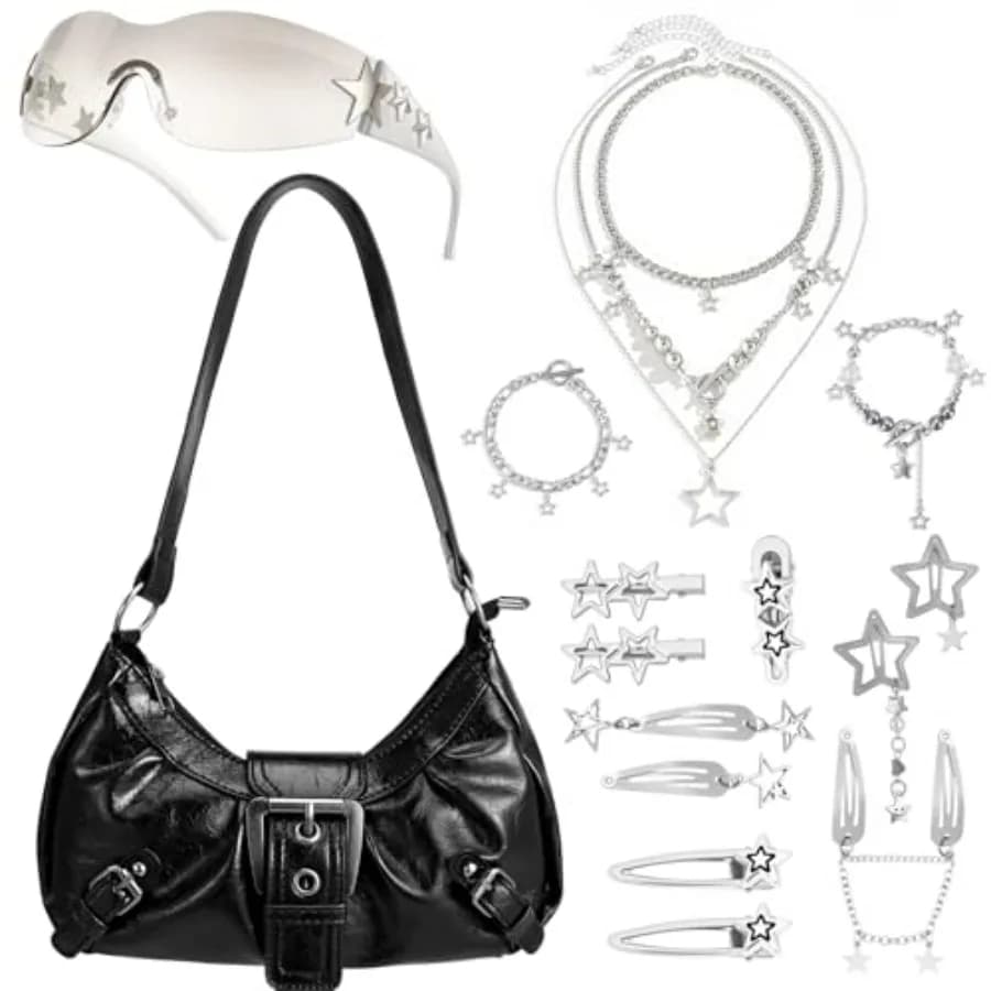 Women's Y2k Purse Shoulder Bag Vintage Buckle Handbag Goth Punk Hobo Bags Y2k Accessories Set Vintage Jewelry Set for Women