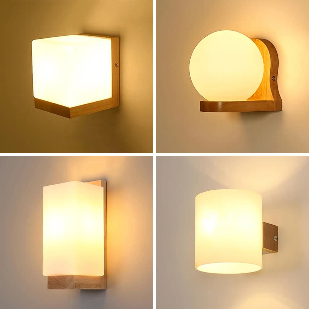 E27 Lampada da parete in legno Sconce Lampada da parete moderna in legno nordico Paralume in vetro per cucina Soggiorno Camera da letto Apparecchio di illuminazione a LED