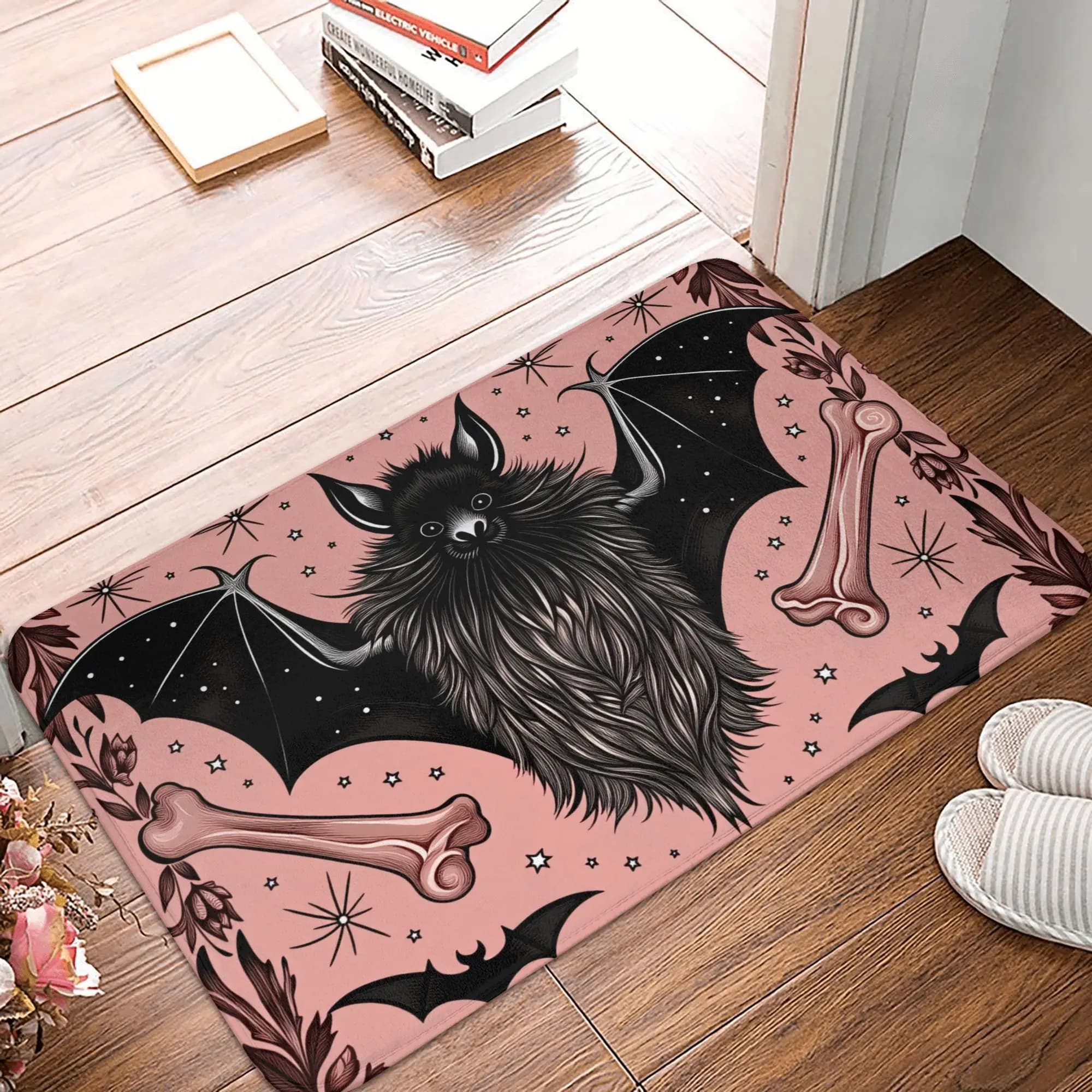 Pink Gothic Style Bat Pattern Floor Door Kitchen Bath Mats Anti-Slip Indoor Doormat Garage Entrance Rug Carpet Footpad