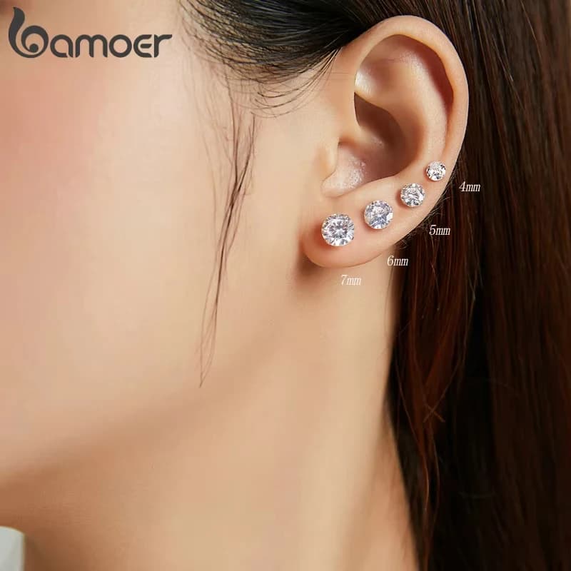 Orecchini Bamoer CZ in argento sterling 925 placcato platino, orecchini a bilanciere ipoallergenici con zirconi cubici rotondi da 4-7 mm