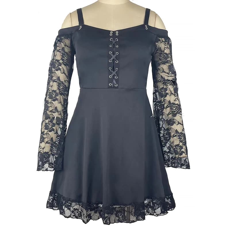 Mini abito gotico estivo da donna di grandi dimensioni sexy con spalle scoperte abiti aderenti in pizzo manica svasata fasciatura festa plus size vestido