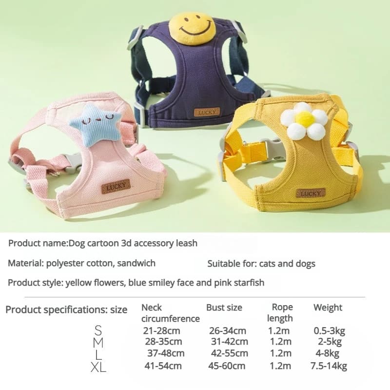 Set Pettorina e Guinzaglio per Cani, Accessori 3D a Cartone Animato, Pettorina Anti-Fuga per Cuccioli e Gatti, Gilet per Animali Domestici per Cani Teddy, Passeggiate all'Aperto