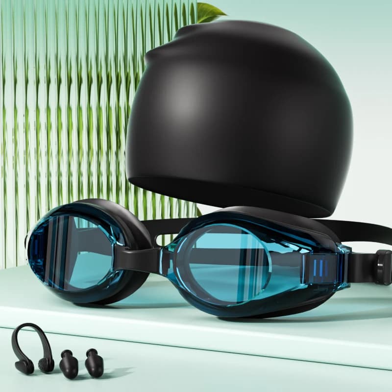 Swimming goggles are waterproof, anti fog, high-definition, with swim cap, nose clip, earplugs, Men Women