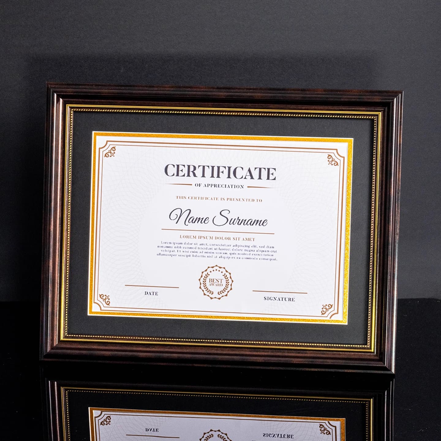 Cornice Moderna Semplice Nera e Oro per Certificati, Cornice Portafoto da Tavolo, Premio, Brevetto, Studente, Rettangolare in Resina