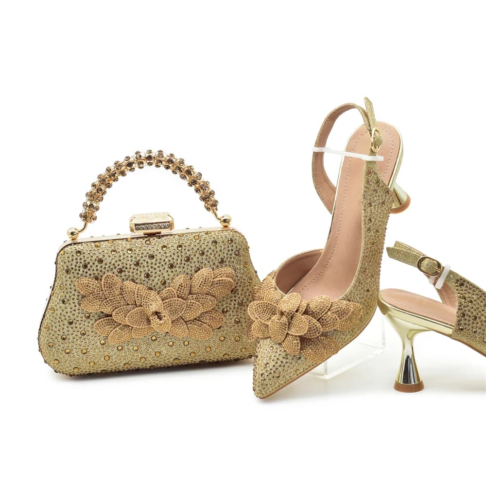 Sandali con Tacco Medio Stile Nigeriano 2026 con Strass per Donne, Set di Scarpe e Borse alla Moda per Matrimoni e Feste con Strass