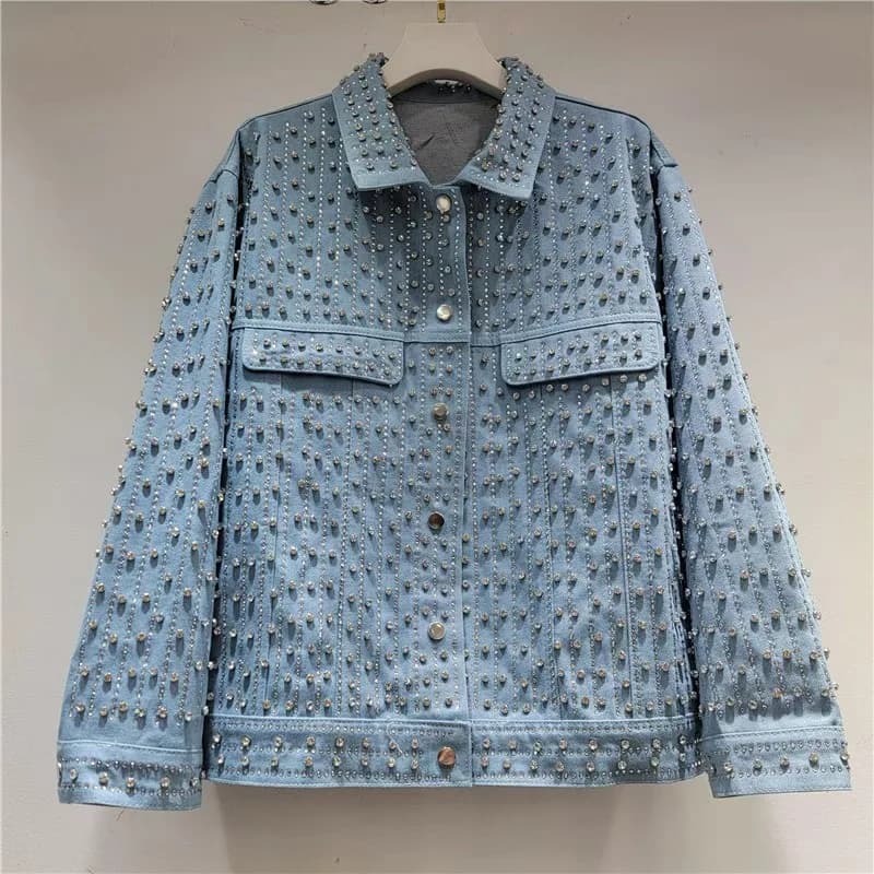 Giacca di jeans blu con diamanti in rilievo da lavoro pesante Cappotto da giacca di jeans a maniche lunghe con colletto couverture da donna primavera autunno allentato casual