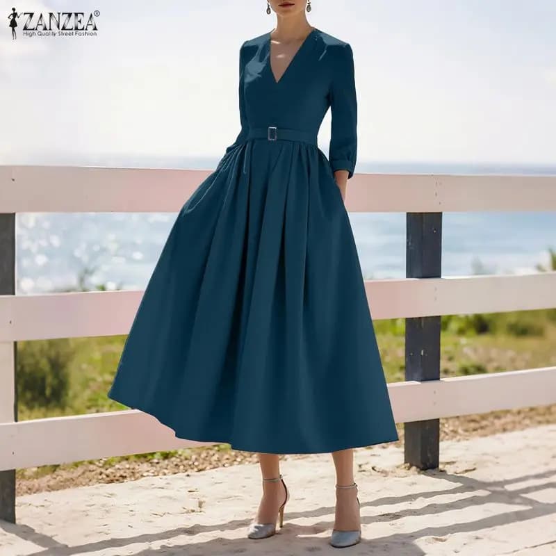 ZANZEA Women's Elegant A-Line Long Dresses V-Neck 3/4 Sleeve Belted Gathering Waist Maxi Dress Casual Fashion Solid Robes Femme
