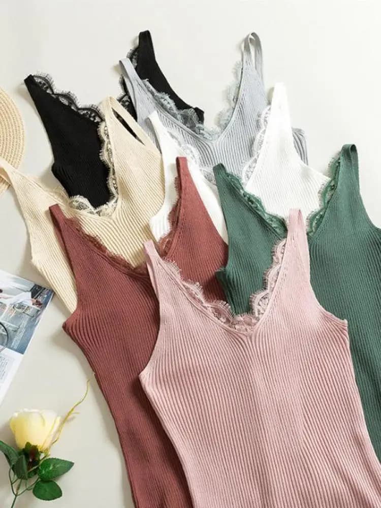 Canotta da donna 2026 in pizzo floreale lavorato a maglia, scollo a V, senza maniche, slim fit, casual