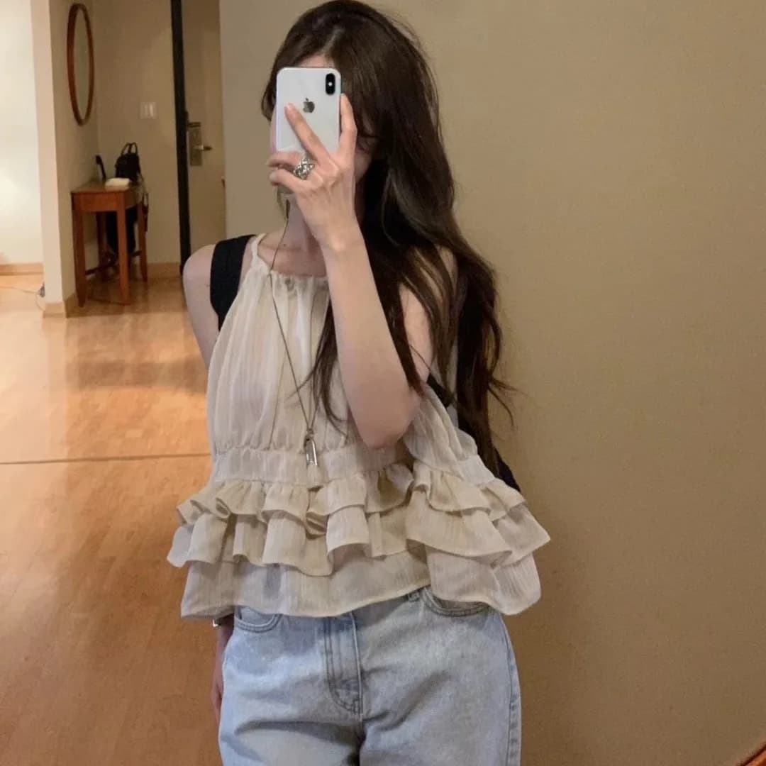 Sweet Chic Summer New Style Thin Ruffle Women's Top Multi-Layer Lace Trim Halter Neck Strap Tops Loose Fit Outerwear