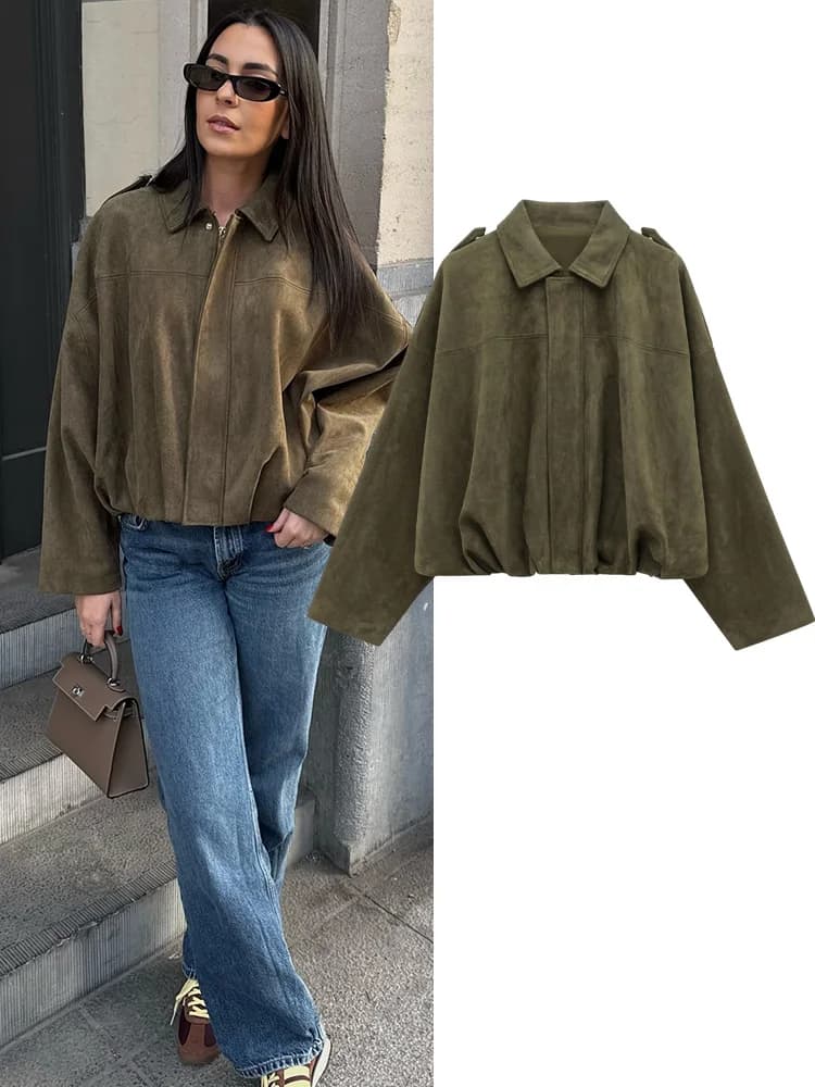 HH Women's High Street Jackets Long Sleeves Overturned Collar Solid Elastic Hinge Leather Suede Texture Women's Coats Autumn New fashionable