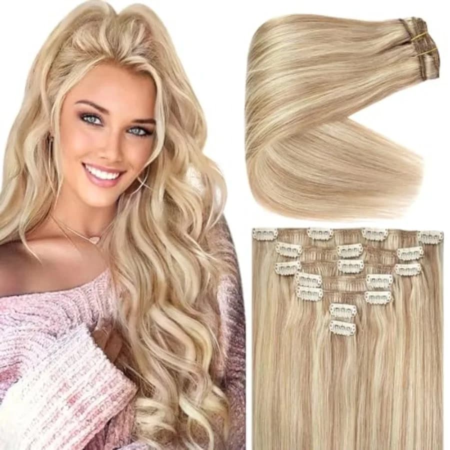 Extensioni per capelli umani con clip Ve Sunny, bionde con mèches, extension con clip in vero capello umano, capelli Remy corti, 85g, 5 pezzi