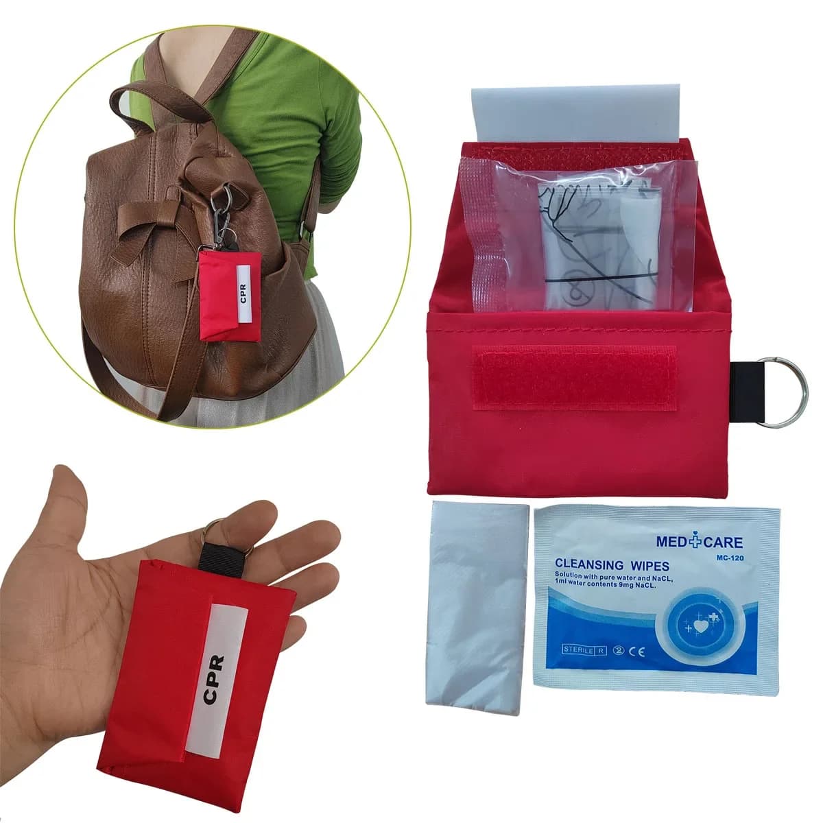 Kit portachiavi con visiera CPR da 3 pezzi con guanti kit di pronto soccorso per visiera con valvola unidirezionale