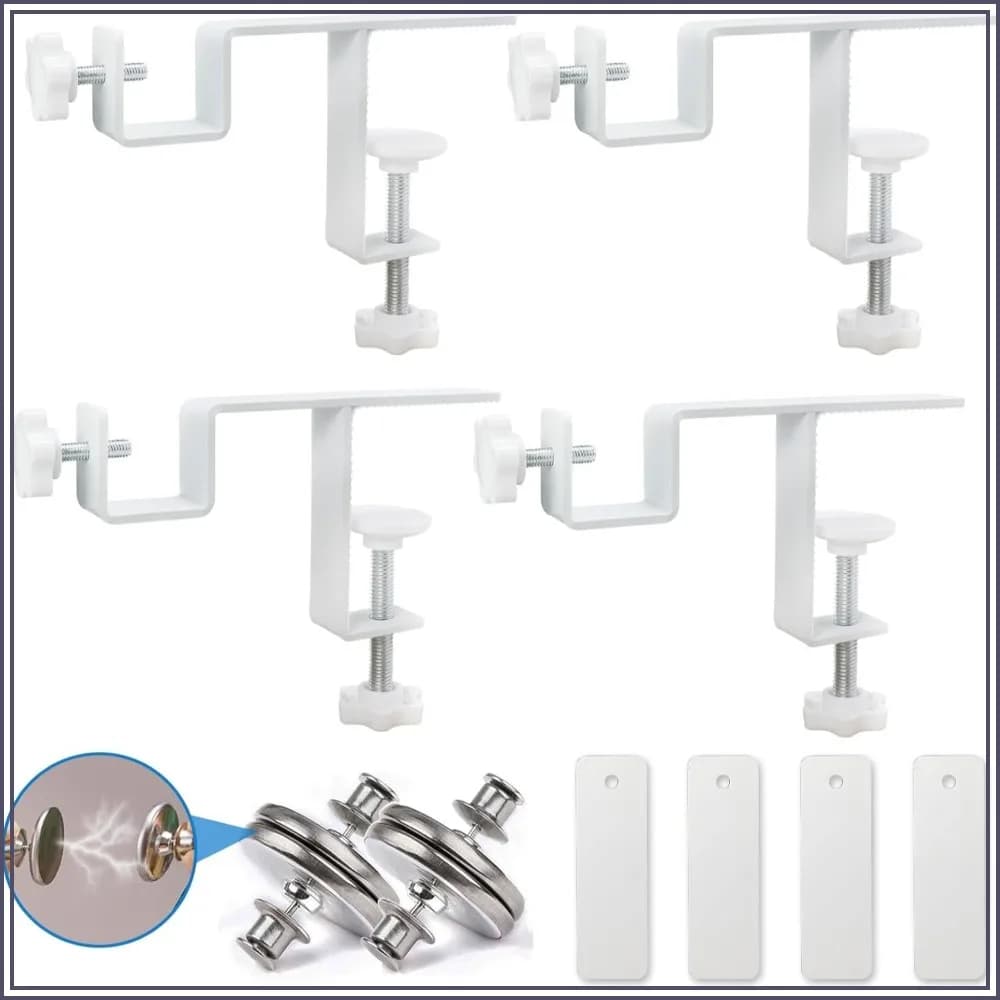 No-Drill Curtain Rod Set 0.8-2.3" Track, Magnetic Hooks, White 4 Pcs