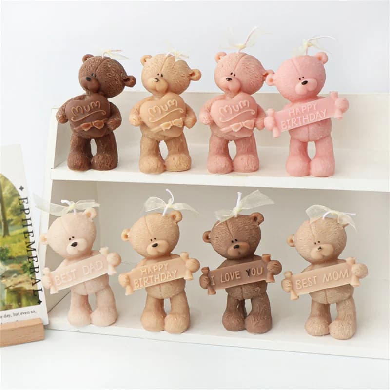 Cute Bear Slogan Silicone Candle Mold DIY Standing Bear Animal Candle Soap Making Supplies Resin Cake Mold Mom Dad Birthday Gift