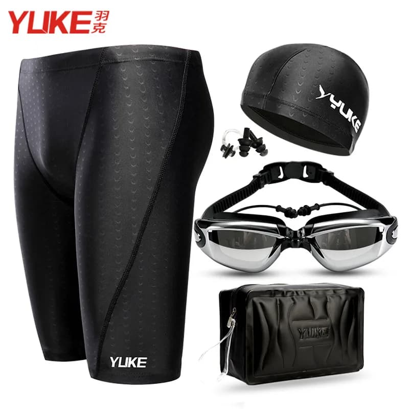 Mens Swimsuit Set 5 Piece Split Type Imitation Sharkskin Quick Drying Five Point Swimming Trunks Waterproof Goggle Cap Swim Gear