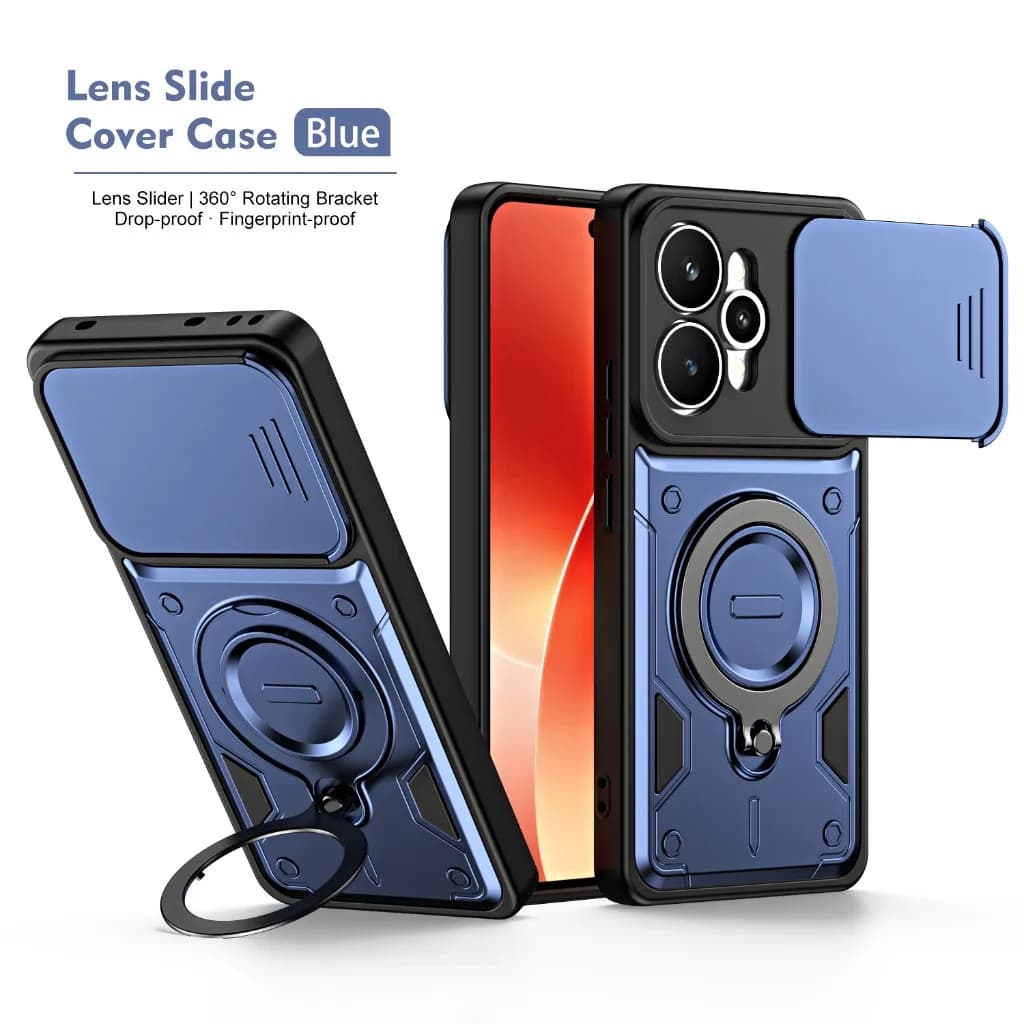 Armor Shockproof Phone Case with Slide Camera Cover 360° Rotatable Ring Holder Kickstand for Oppo Realme 15 Pro 15x C85 5G