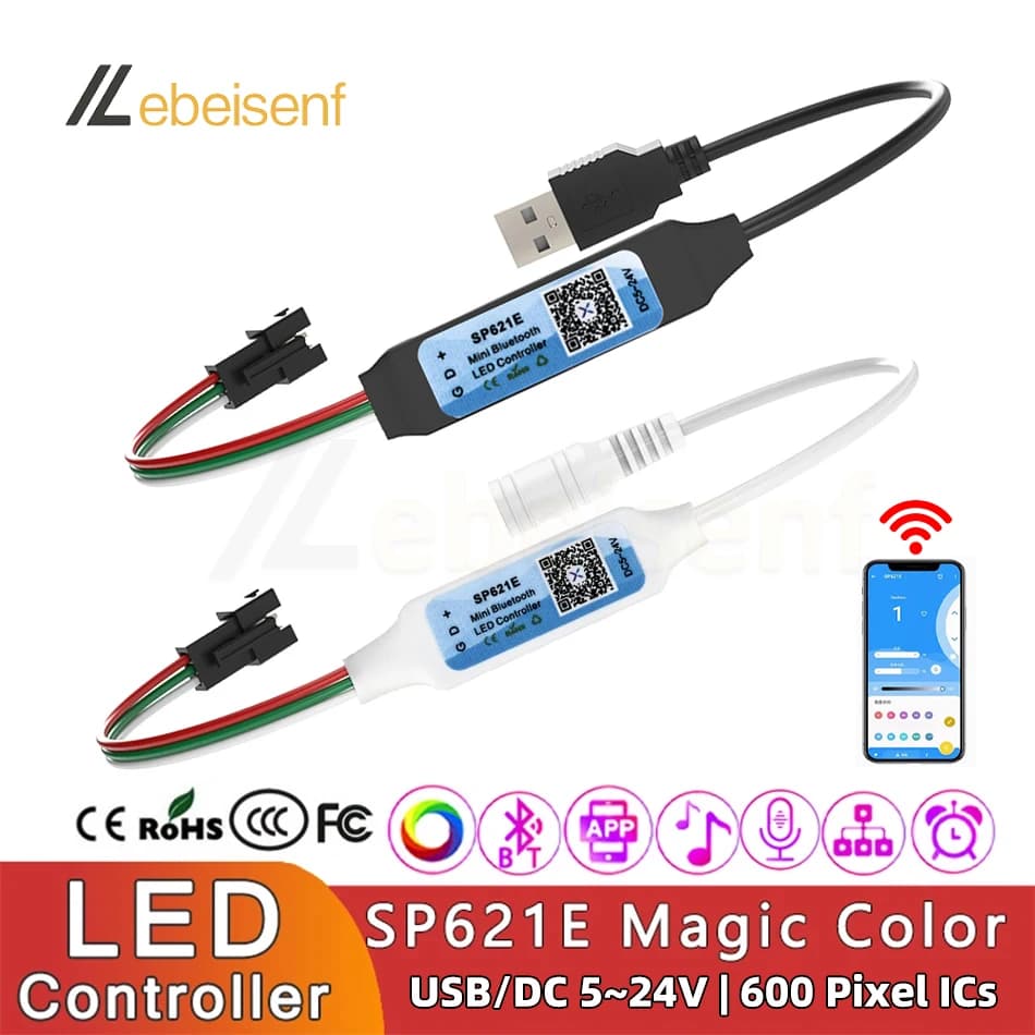 USB SP621E Mini Bluetooth LED Controller Smart APP Magic Color Dimmer SPI indirizzabile Digital IC per WS2812B 2811 5050 LED Strip