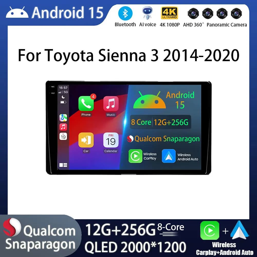 Per Toyota Sienna 3 XL30 2014 - 2020 Android 15 Autoradio Wireless Carplay Auto 4G + 5G WIFI DSP Navigazione GPS Stereo Multimediale