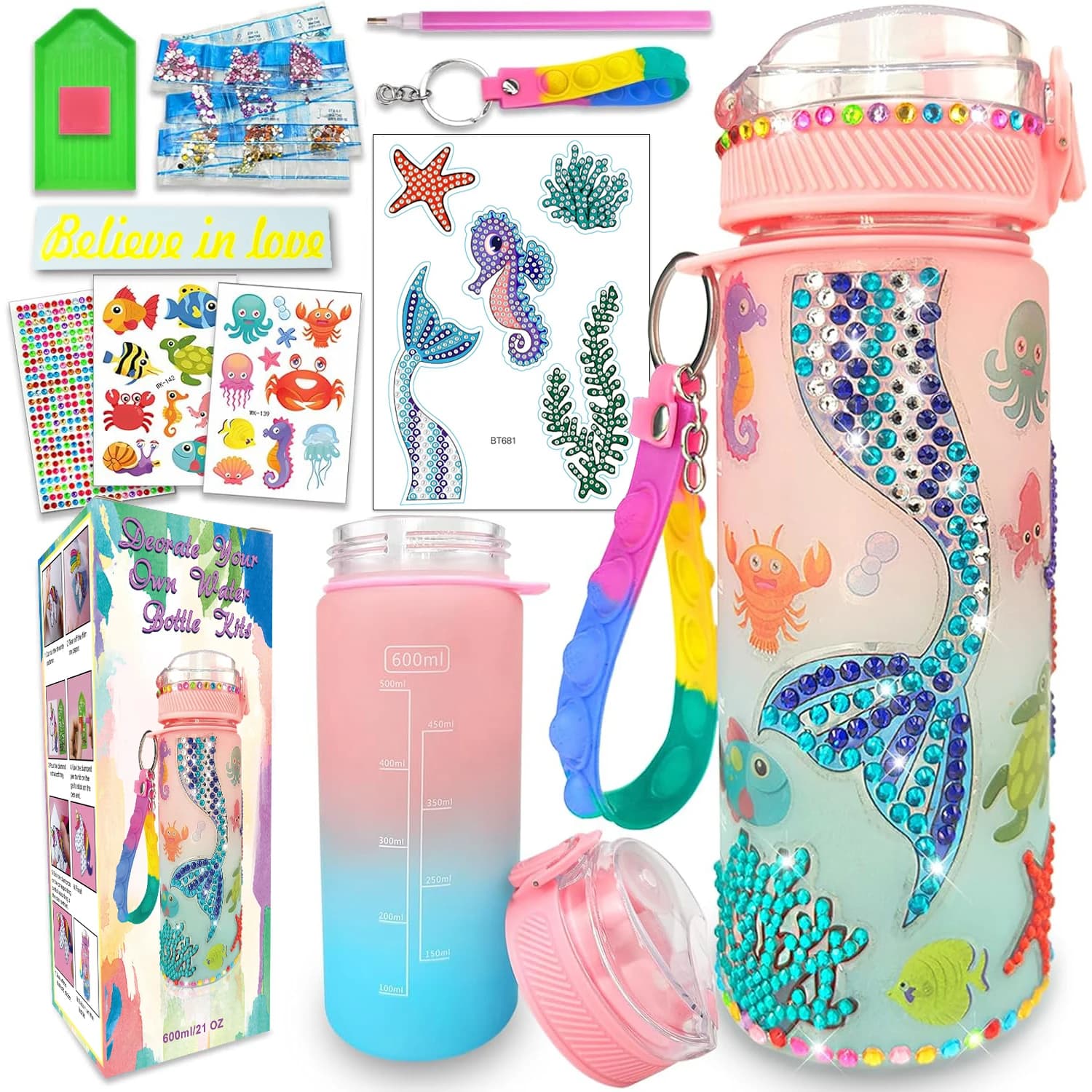 Decora i tuoi kit di bottiglie d'acqua per ragazze di età 4-6-8-10 anni, artigianato con pittura a sirena, regali divertenti per arti e mestieri, giocattoli per ragazze Birt