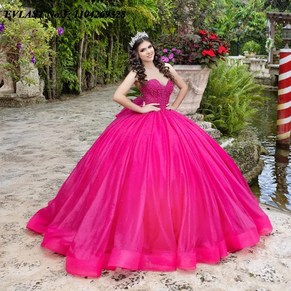 EVLAST Personalizzato Messico Rosa Abito Quinceanera Abito di Sfera Applique di Cristallo In Rilievo Arco Corsetto Dolce 16 Vestido De 15 Anos E3Q243