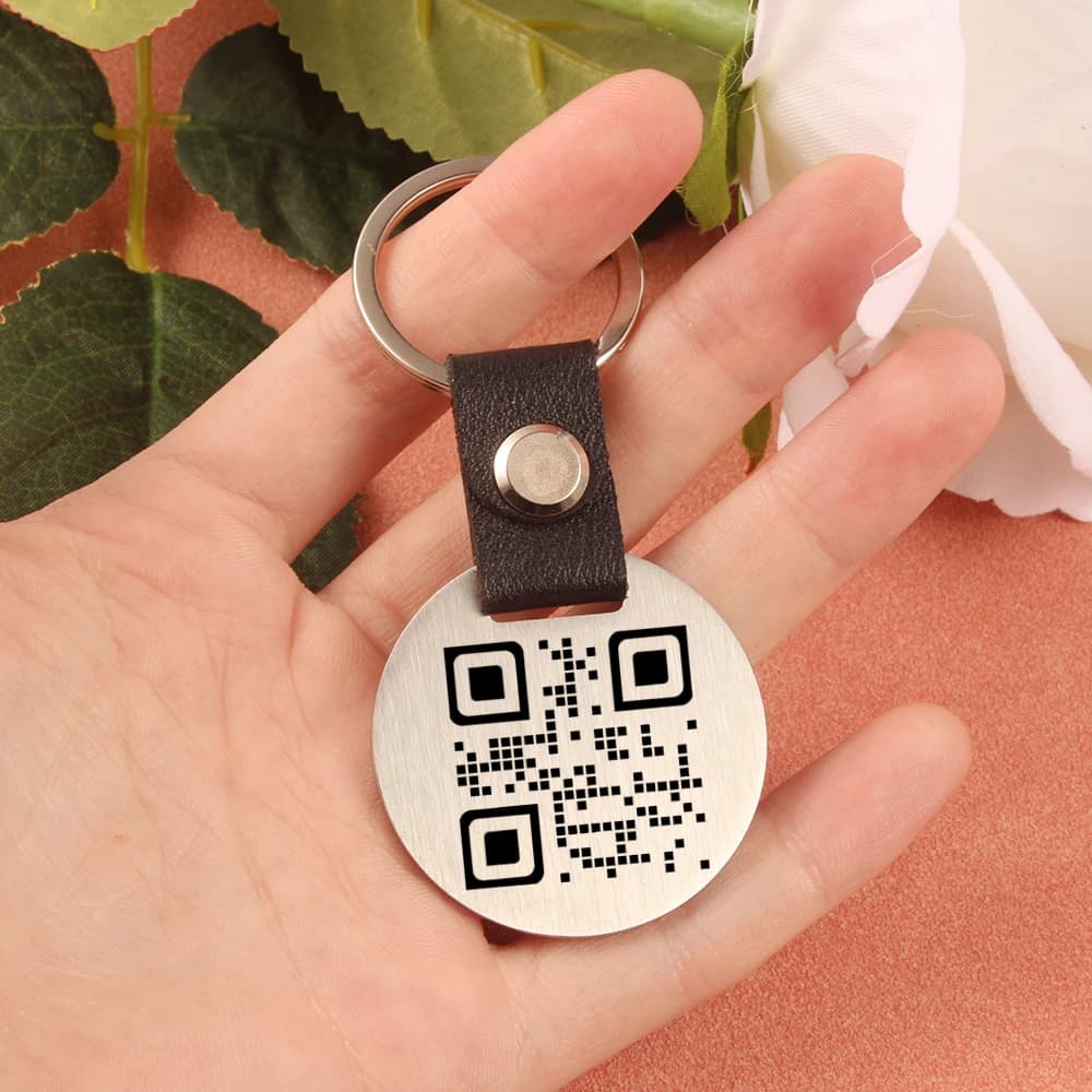 1 pcs custom laser engraved QR code image round stainless steel PU keychain, exclusive QR code for you, special gifts