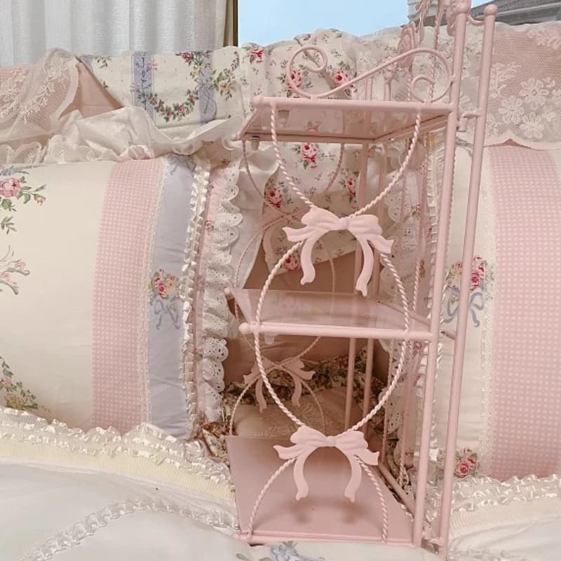 Display Rack for Bedroom Spacious Metal Bookshelf Pink Iron Desktop Organizer Multi-Tiered Cosmetic Storage Shelf Freestanding