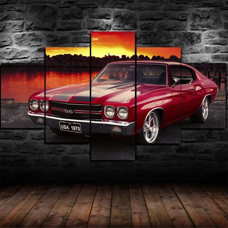 No Frame Canvas 5Pieces Chevelle SS Classic Red Car Wall Art Poster Pictures Paintings Home Decorations Room Decor
