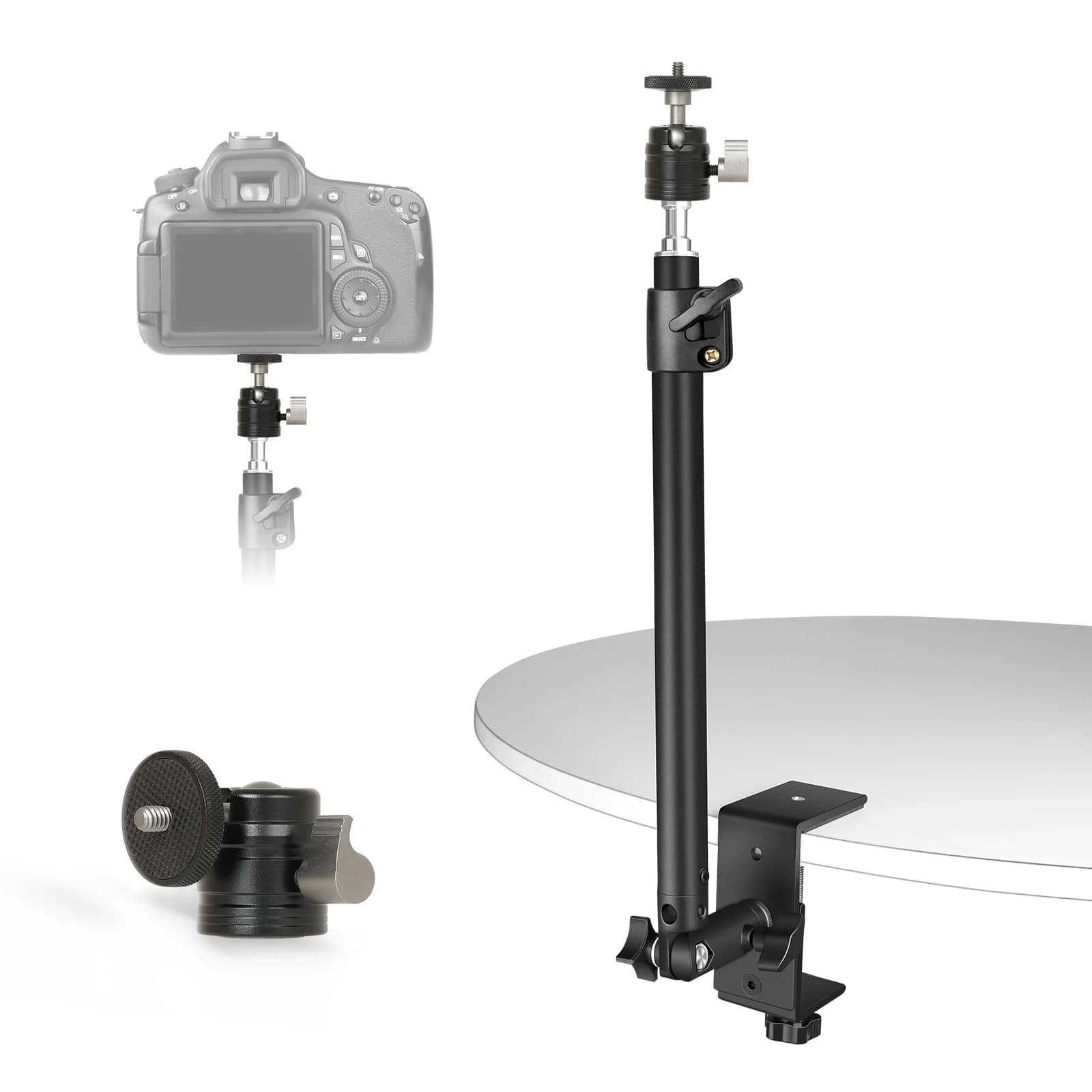 Treppiede con clip da tavolo Monitor da scrivania in piedi con vite da 1/4" Testa a sfera Dispositivo da tavolo Anello luminoso Staffa regolabile Supporto per fotocamera DSLR