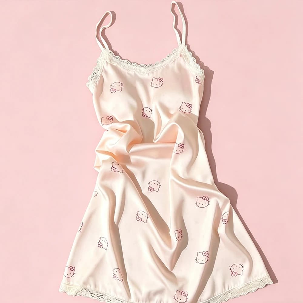Pigiama in pizzo Kawaii Hello Kitty da donna con imbottitura integrata sul petto, pigiama in seta, carino stile Y2K, dolce, morbido e liscio, vestito da casa per donna.