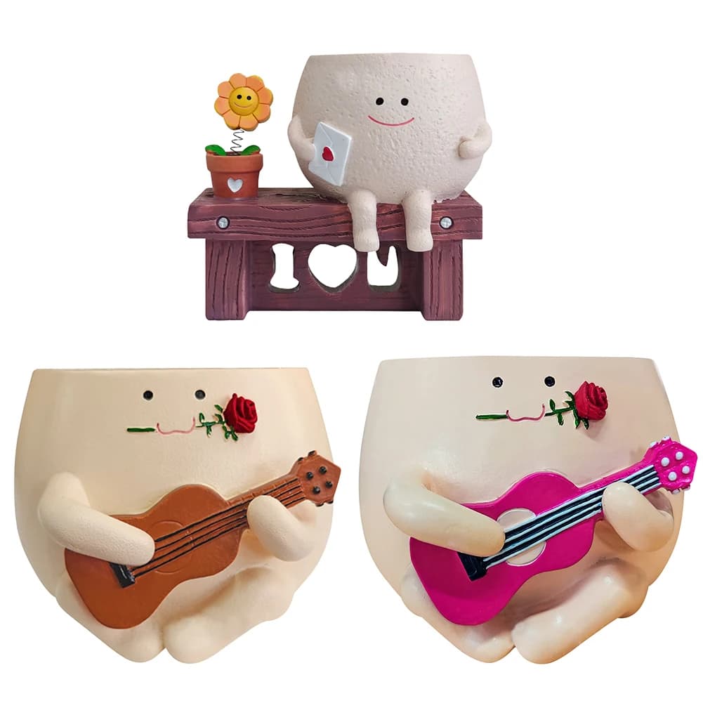 Vasi Unici per Piante Grasse a Forma di Sedia Lunga, Fioriere Divertenti in Resina a Forma di Ukulele, Vaso a Forma di Girasole con Faccina Sorridente per Piante String of Pearls