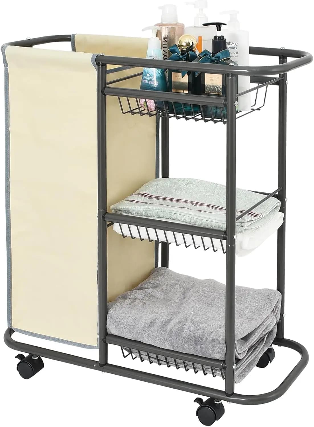 Carrello Portabiancheria con 3 Cesti Portaoggetti e Sacco da 45L per Spazi Ristretti
