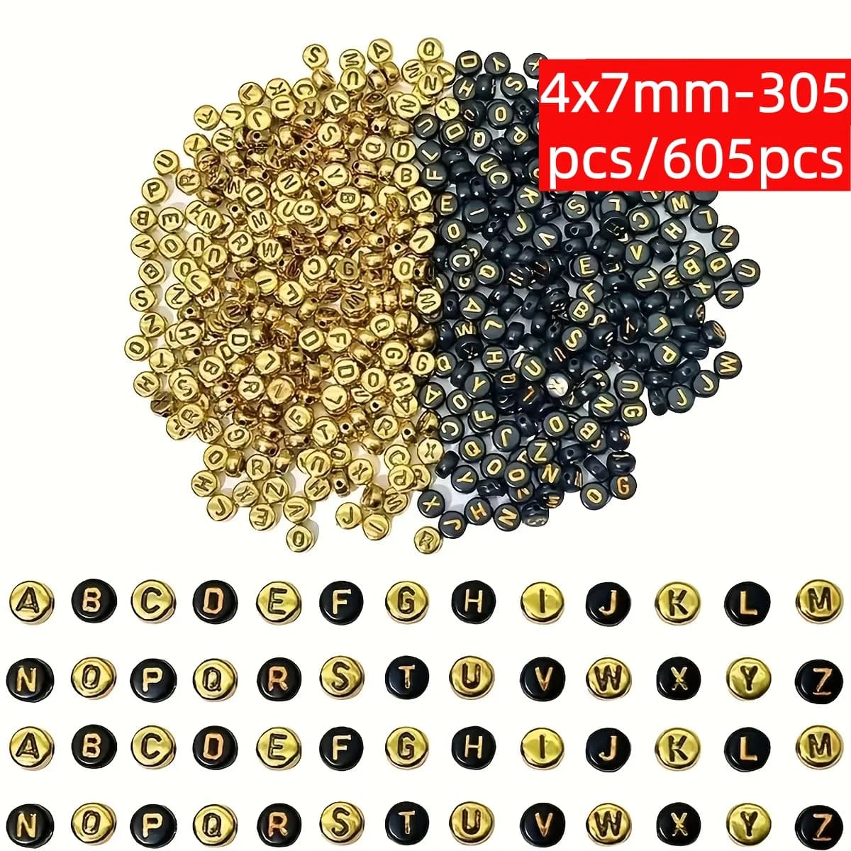 Perline con lettere inglesi 4x7MM 305/605 pezzi, nere e oro, perline acriliche sfuse, bracciali, collane, orecchini, accessori fai da te