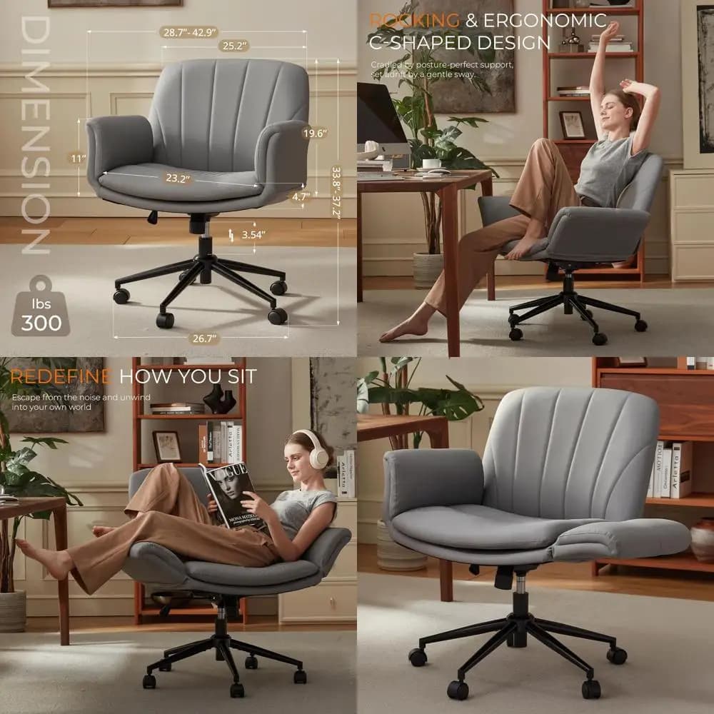 Sedia ergonomica girevole in pelle PU con braccioli e ruote regolabili - Vanity grigio, computer, trucco, sedia da gioco per l'home office,